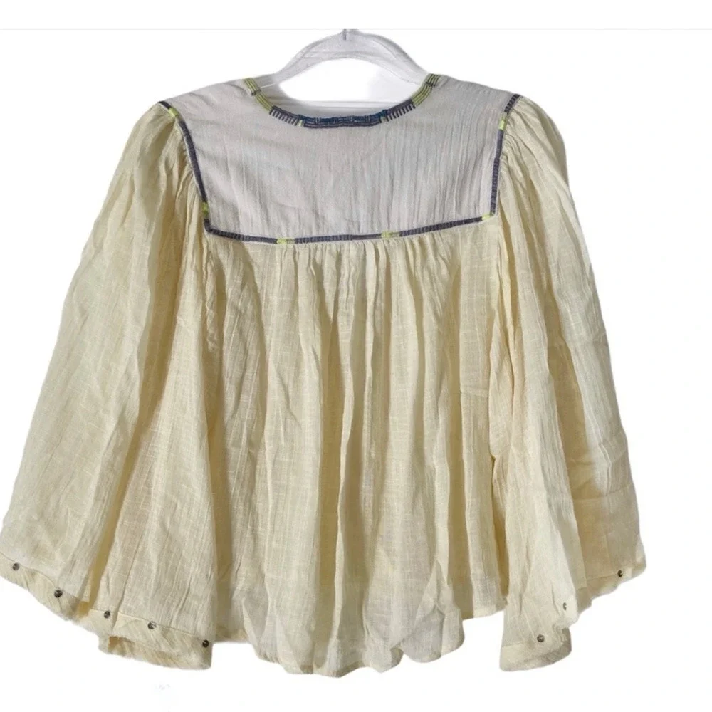 Free People Cream‎ Gauze Embroidered Sequin Boho Blouse Top XS
